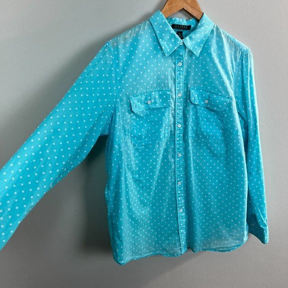 LRL Ralph Lauren Button Up Shirt 1X Blue Polka Dot Long Sleeve Top Plus Womens - Picture 3 of 9